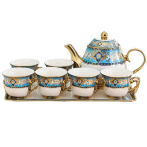 14 piece white and gold ceramic tea set with pot and cups