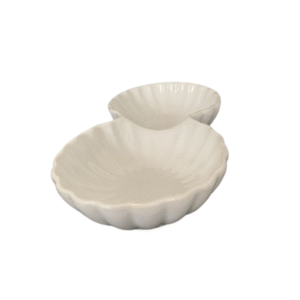 Round decorated white two section porcelain serving bowls