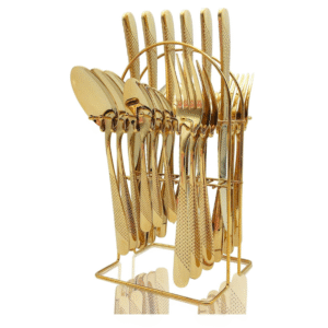 24 piece gilded cutlery set with gold holder rack