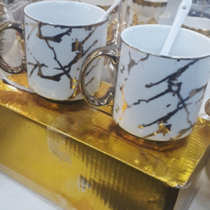 Ceramic coffee mugs with spoons marbled matte set of 6