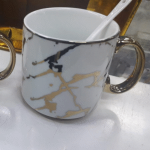 Ceramic coffee mugs with spoons marbled matte set of 6