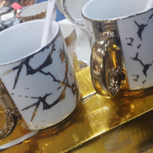 Ceramic coffee mugs with spoons marbled matte set of 6