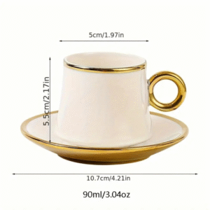 Six white and gold ceramic tea cups and saucers in a gift box