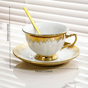 White and gold tea set of 6 ceramic cups with saucers