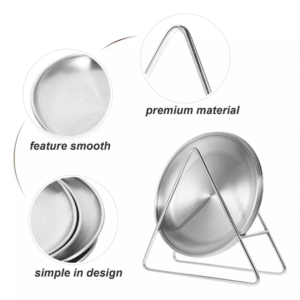 Set of 6 round stainless steel dinner plates with holder rack