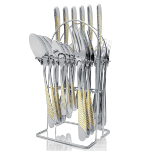 24 piece gilded cutlery set with gold holder rack