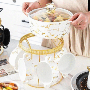 Ceramic soup bowl set with lid spoons and metal rack