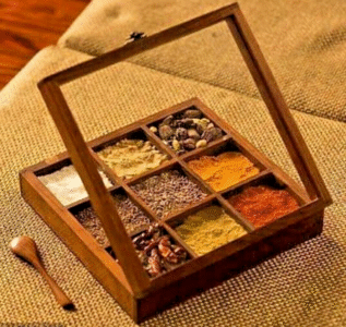 Wooden spice box masala dabba with 9 compartments