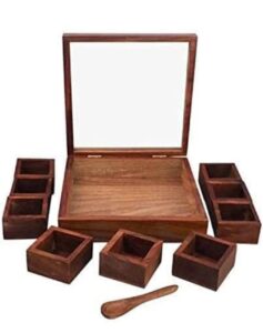 Wooden spice box masala dabba with 9 compartments