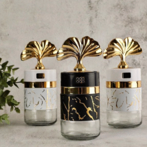 Set of 2 marble designed spice jars with gold lids
