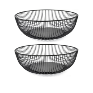 Two black metal wire fruit bowl stands with banana hooks