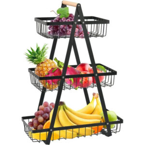 Black 3 tier fruit and vegetable basket rack with wooden handles