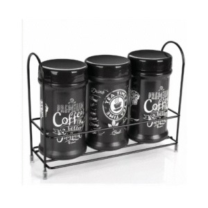3 piece black glass storage canister jar set on a stand