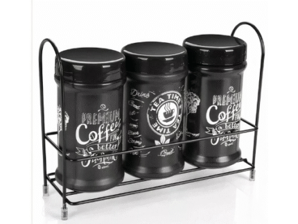 3pcs Coffee Set  On Stand Black Glass Kitchen Storage Canister Jars 660ml
