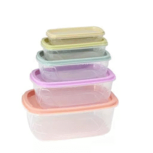 5 pack of clear food storage containers with colour coded lids