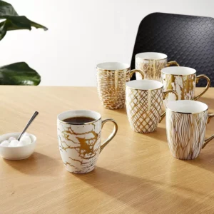 Set of 6 gold plated tapered white porcelain coffee mugs