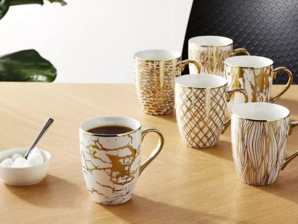 6 x Matrix Gold Plated mugs Tapered Mugs, Assorted Design, Golden Pattern White Coffee Mug, Ceramic Coffee Cups Set, 300ML