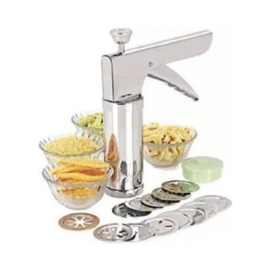 Hand operated kitchen press maker with snack moulds and discs
