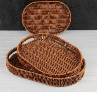 Set of 3 handmade brown woven rattan storage baskets