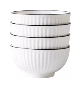 Set of 6 white ceramic serving bowls with vertical line design