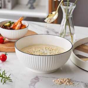 Set of 6 white ceramic serving bowls with vertical line design