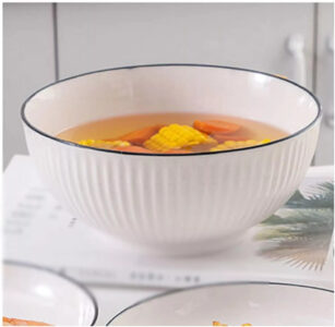 Set of 6 white ceramic serving bowls with vertical line design