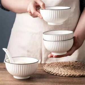 Set of 6 white ceramic serving bowls with vertical line design