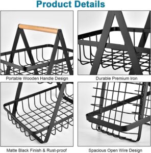 Black 3 tier fruit and vegetable basket rack with wooden handles