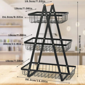 Black 3 tier fruit and vegetable basket rack with wooden handles