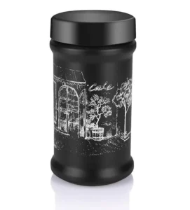 3 piece black glass storage canister jar set on a stand