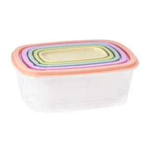 5 pack of clear food storage containers with colour coded lids