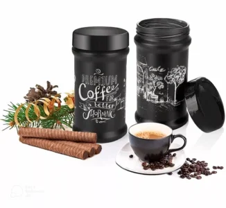3 piece black glass storage canister jar set on a stand