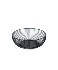 Two black metal wire fruit bowl stands with banana hooks