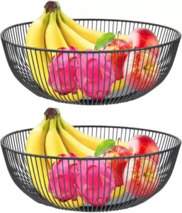 Two black metal wire fruit bowl stands with banana hooks