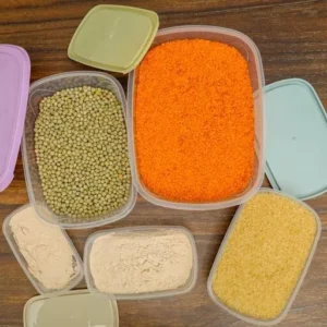 5 pack of clear food storage containers with colour coded lids