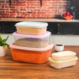 5 pack of clear food storage containers with colour coded lids