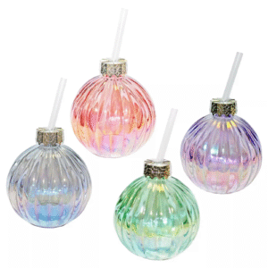 Set of 4 pearlescent bauble drinking glasses with straws