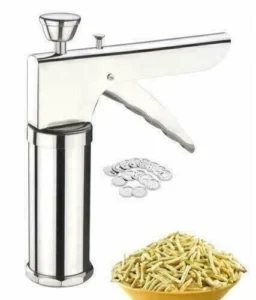 Hand operated kitchen press maker with snack moulds and discs
