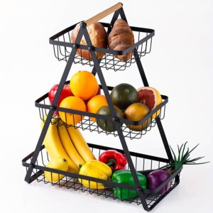 Black 3 tier fruit and vegetable basket rack with wooden handles