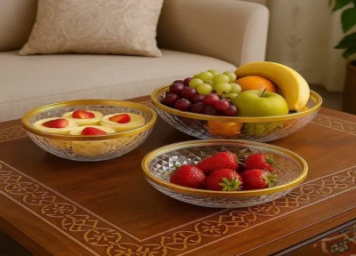 Set of 3 gold trim acrylic glass bowls and plates