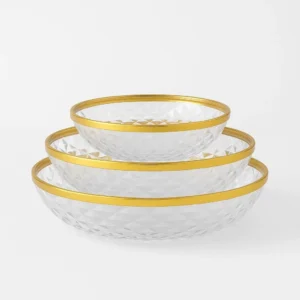 Set of 3 gold trim acrylic glass bowls and plates