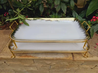 Luxury golden ceramic serving tray with stainless steel stand