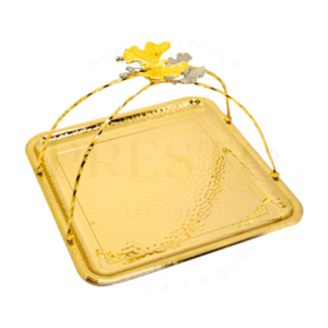 Golden metal serving tray with handle, pack of 3