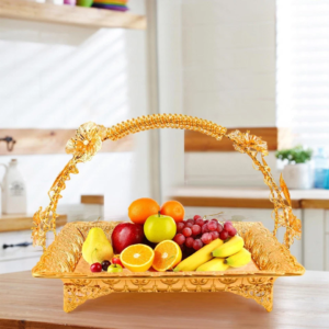 Golden metal serving tray with handle, pack of 3