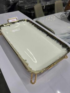 Luxury golden ceramic serving tray with stainless steel stand