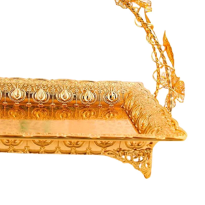 Golden metal serving tray with handle, pack of 3