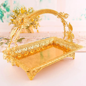 Golden metal serving tray with handle, pack of 3