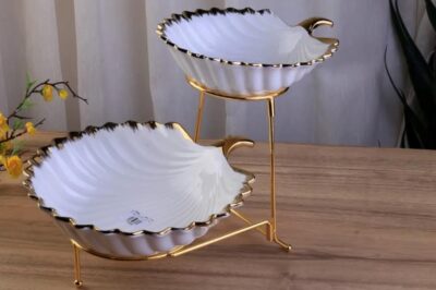 Luxury 2-tier ceramic serving bowl with golden corners