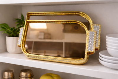 Royal crystal gold serving tray with gold-toned frame