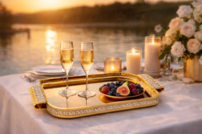 Royal crystal gold serving tray with gold-toned frame